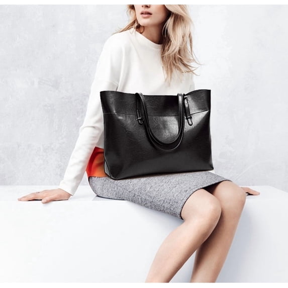 Classic Genuine Leather Tote Bag for Women, Casual Large Capacity Shoulder Handbag Purse with Zipper