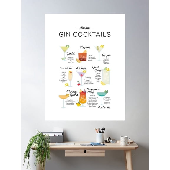 Classic Gin Cocktails Poster Wall Art, Modern Wall Decor For Living Room Bedroom, 8x12 UNFRAMED