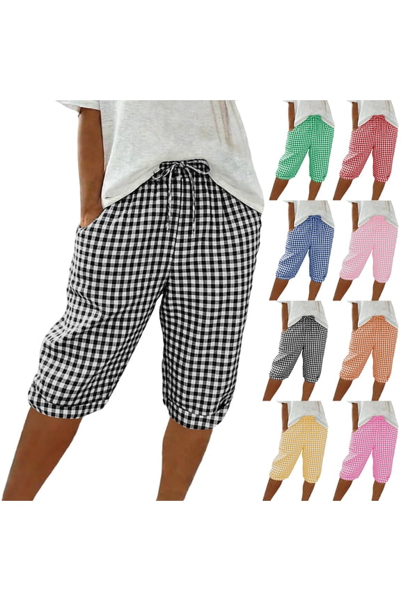 Classic Gingham Capri Pants for Women, Elastic Waist Drawstring Cropped Trousers - Loose Fit Cotton-Linen Summer Lounge Shorts with Pockets Red XXL