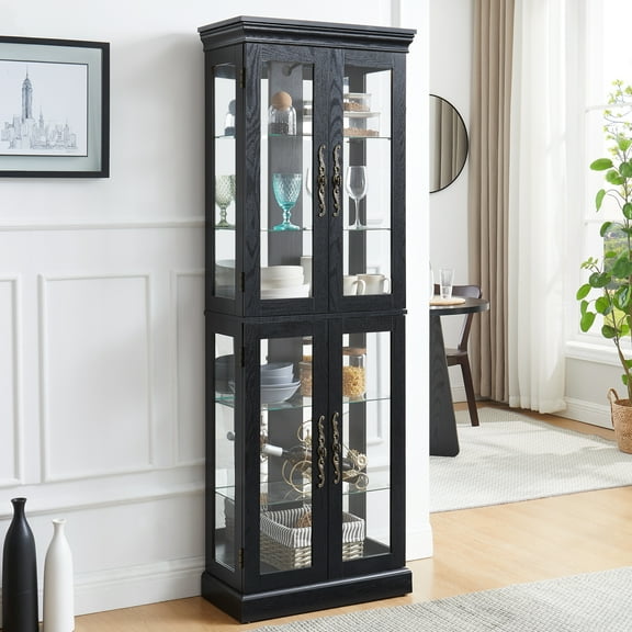 Classic Glass Curio Display Cabinet, Wooden Tall Storage Cabinet Pantry With Light For Living Room Office Bedroom
