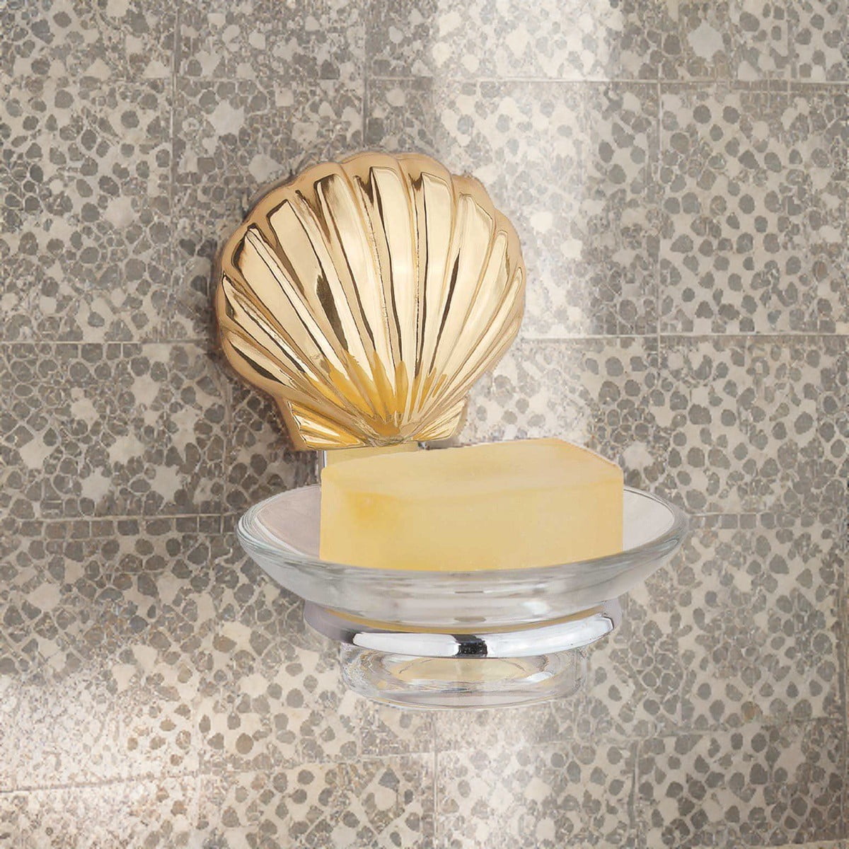 Polished Brass and Chrome Glass Soap Dish with Shell Design
