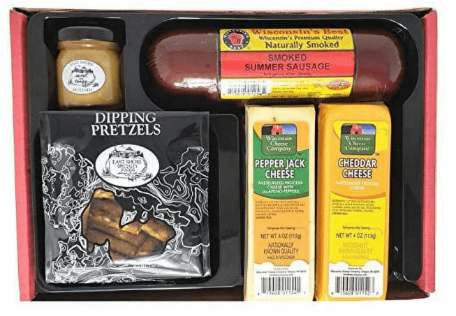 Classic Gourmet Cheese, Sausage, Dipping Pretzel and Mustard Gift Set. Christmas Gift, Holiday Gift, Food Gift Box
