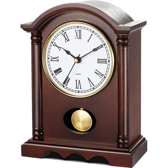 Classic Grandfather Mantel Clock for Living Room Déco, Elegant Wooden Finish, Gold-Tone Pendulum, Desk Clock for Living Room, Bedroom, Farmhouse Décor