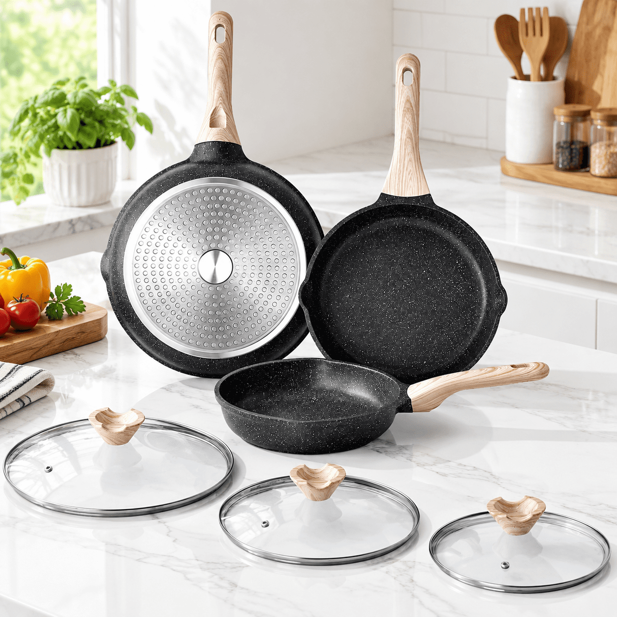 Classic Granite 8+9.5+11 Inch w/ Lid Nonstick Frying Pan Skillet Set ...
