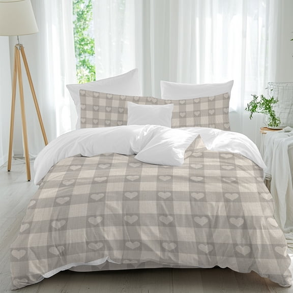 Classic Gray Checker Love Heart Queen Size Bed Set,Buffalo Plaid on Farm Burlap Bedding for All Seasons,4 Pcs Bed Set,1 Quiltcover(90"x92"),1 Sheet(94"x116"),2 Pillowcases(30"x20")