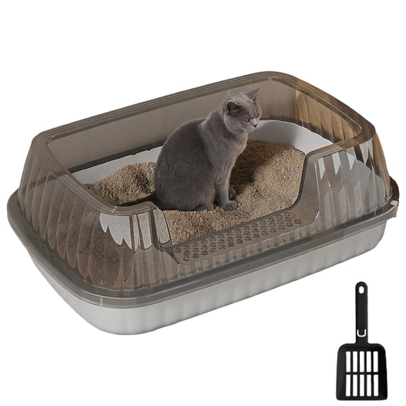 Classic Gray Open Top Cat Litter Box High Side with Litter Scoop 14.37×10.63×5.31 inch