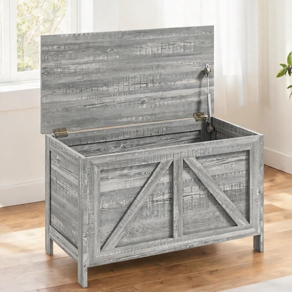 Classic Gray Particle Board Storage Chest with Lift Top, 30-Inch Blanket and Book Organizer, Farmhouse