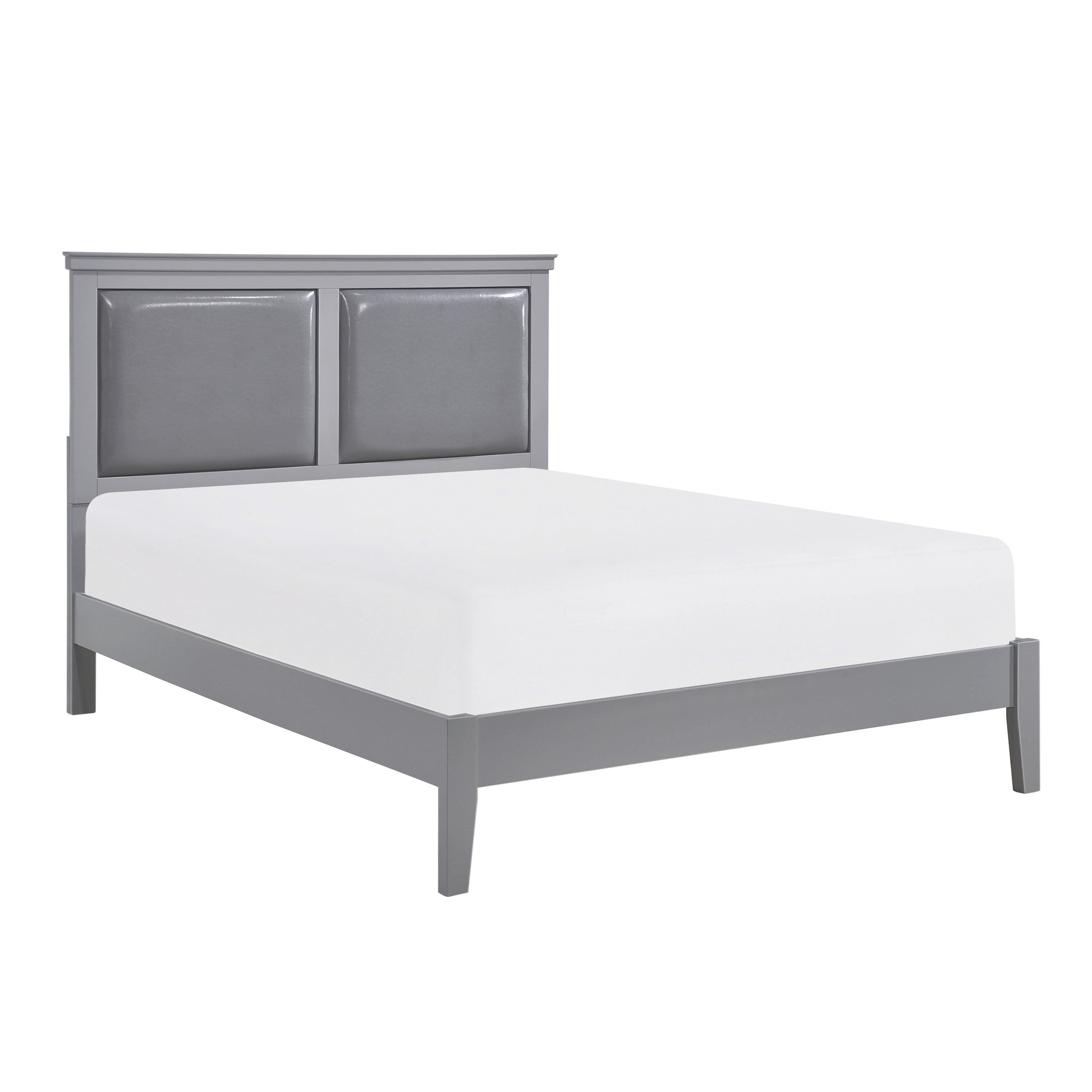 Classic Gray Queen Panel Bed with Upholstered Faux Leather Headboard ...