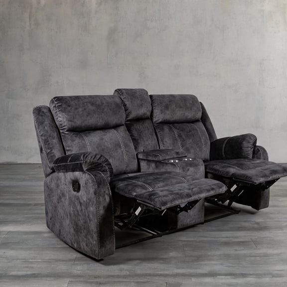Classic Gray Suede-Like Upholstered Manual Recline Loveseat with Pull-Out Storage for Relaxation
