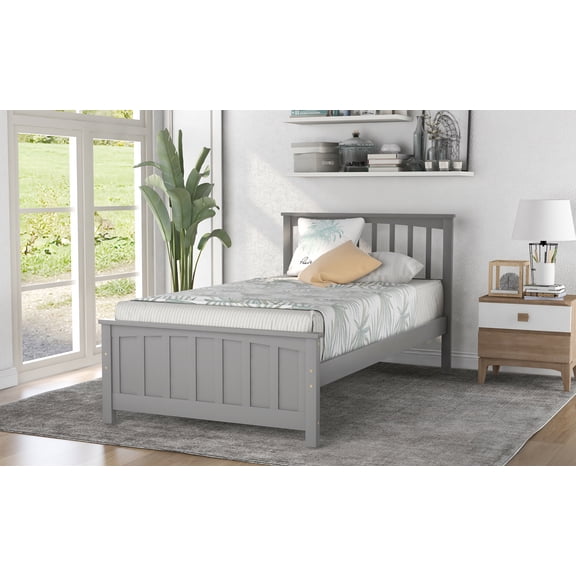 Classic Gray Twin Wood Platform Bed Frame - Solid Pine, No Box Spring, Durable, Stylish Bedroom Furniture for Adults & Teens