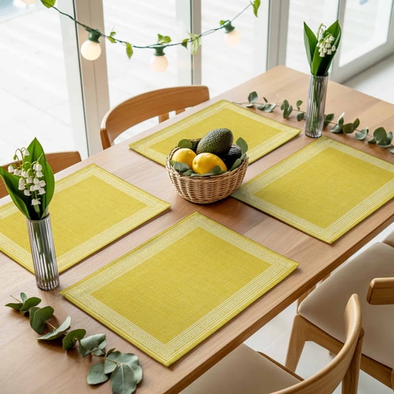 Classic Greek Geometric Key Pattern Placemats Set of 4,Wipeable Washable Table Mats for Dining Tables, Retro Linen Yellow Place Mats for Kitchen Event Party Tabletop Decor