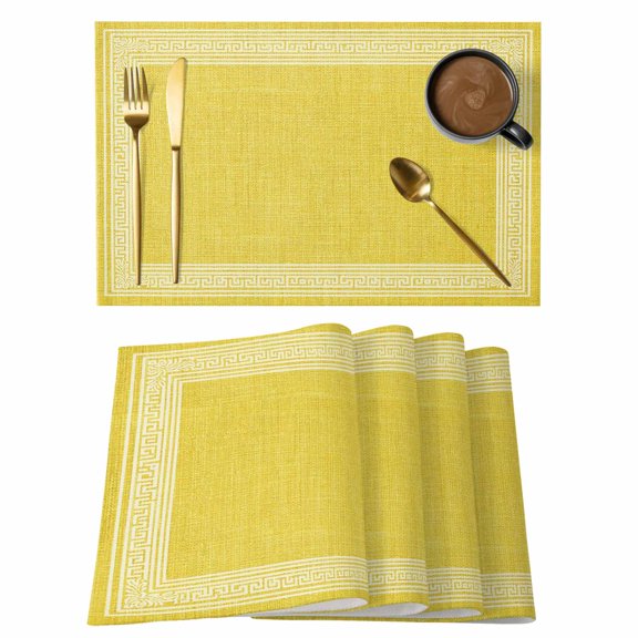 Classic Greek Geometric Key Pattern Placemats Set of 6,Wipeable Washable Table Mats for Dining Tables, Retro Linen Yellow Place Mats for Kitchen Event Party Tabletop Decor