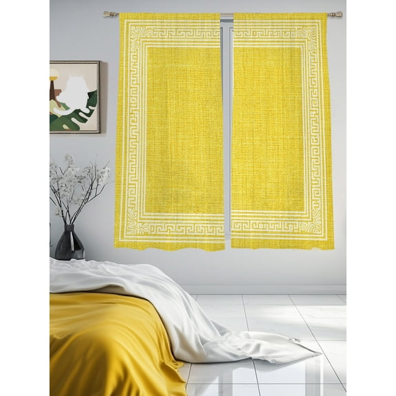 Classic Greek Geometric Key Pattern Sheer Curtains 2 Panels Set Retro Linen Yellow Lihgt Filtering Rod Pocket Voile Drape,Semi Sheer Window Curtains for Bedroom Living Room,52"x63"