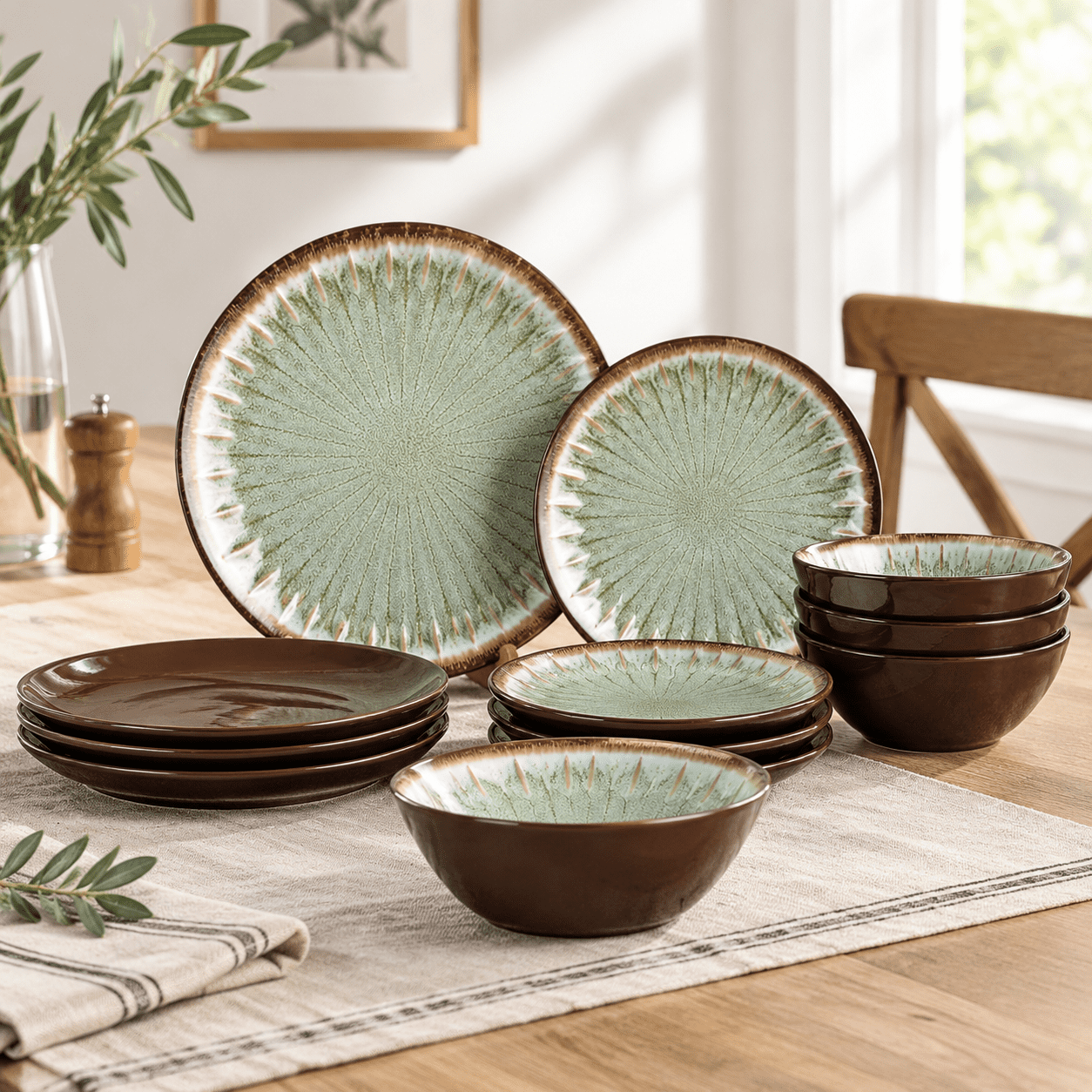 Main Course Dinner Set Classic Green Dinnerware Set for 4, 12-Piece Outdoor and Indoor Dish ...