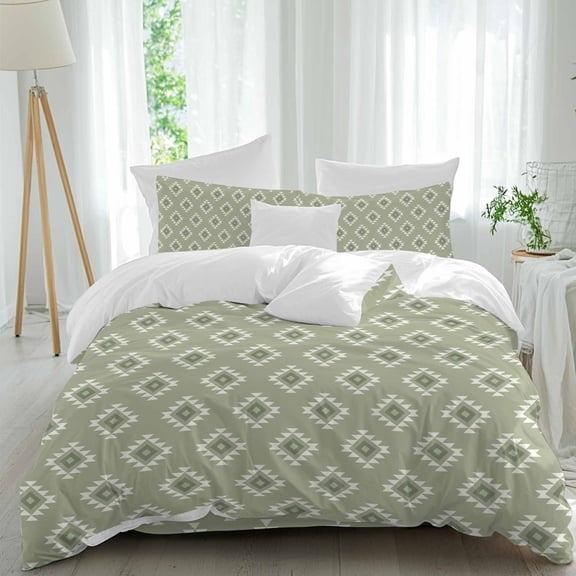 Classic Green Pattern Full Size Comforter Set, Abstract Tribal Aztec Western Bedding for All Seasons, 4 Pcs Bed Set, 1Quiltcover (86"x86") ,1Sheet(80"x116"), 2Pillowcases (30"x20")