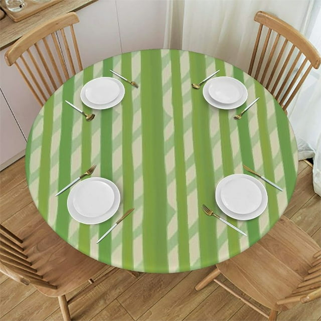 Classic Green Striped Print Round Fitted Stretch Tablecloth Elastic
