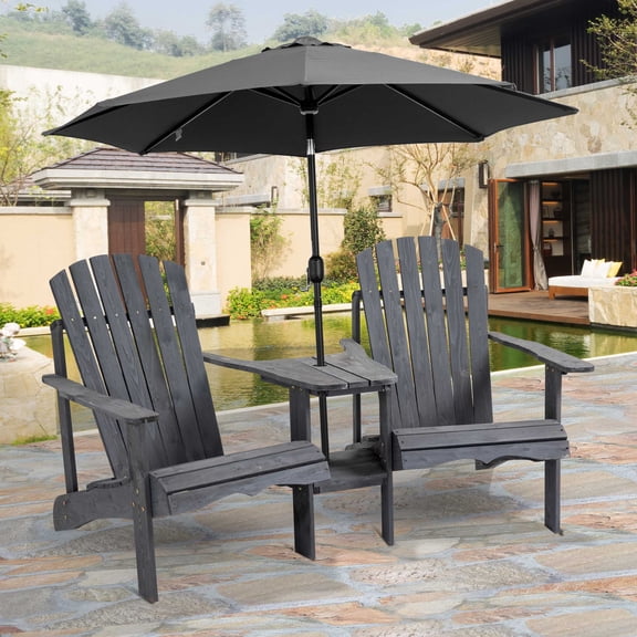 Classic Grey Fir Wood Adirondack Table & Chair Set for Patio/Deck - Durable Outdoor Seating w/ Umbrella Hole, Relaxed Sloping Seat, Wide Armrests, 70" L