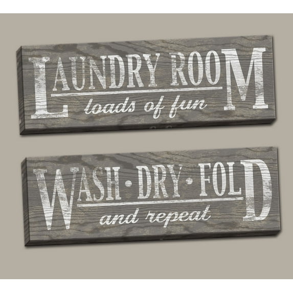 Classic Grey Laundry Signs on Wood-panel Style Background; Two 20x8in Stretched Canvas Pieces; Ready to Hang!