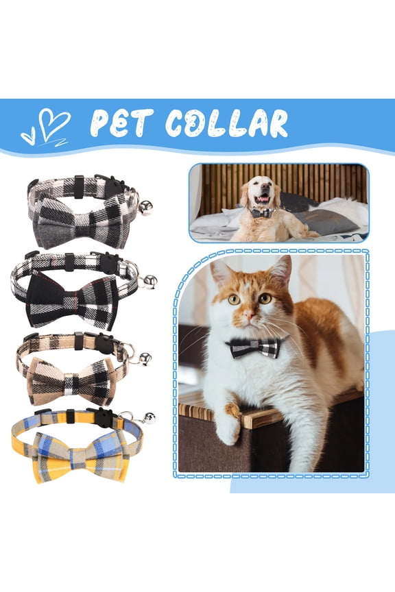 Classic Grid Pattern Cat Collar with Bell and Detachable Bow for Small Dogs and Rabbits, Black 8-12 Inch