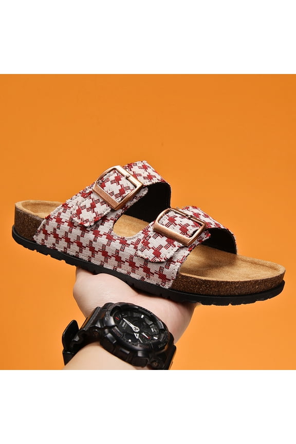 Classic Grid Pattern Cork Slide Sandals Breathable Fabric Upper Lightweight Vacation Walking Trainers