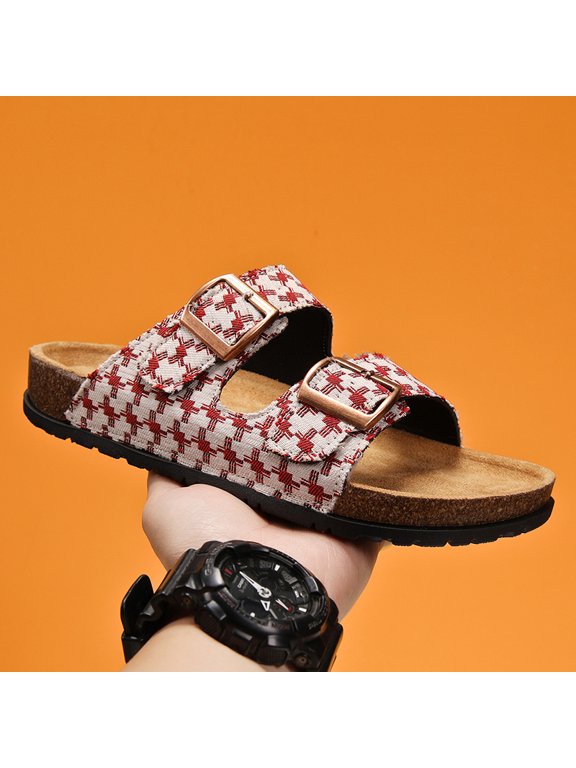 Classic Grid Pattern Cork Slide Sandals Breathable Fabric Upper Lightweight Vacation Walking Trainers
