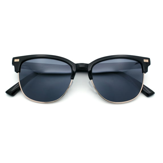 Classic Half Rim Round Horned High Temple Rectangular Sunglasses Black Gold - Black