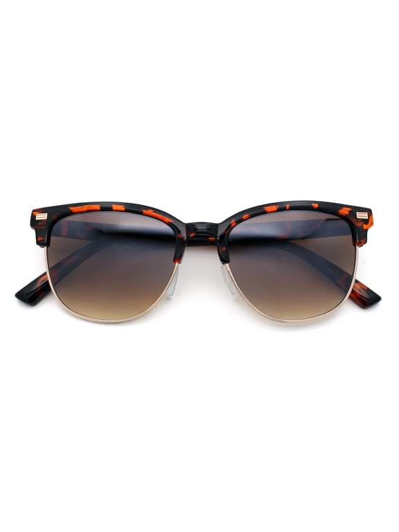 Classic Half Rim Round Horned High Temple Rectangular Sunglasses Shiny Tortoise - Brown