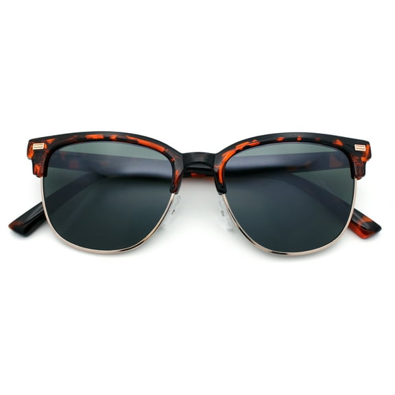 Classic Half Rim Round Horned High Temple Rectangular Sunglasses Shiny Tortoise - Green