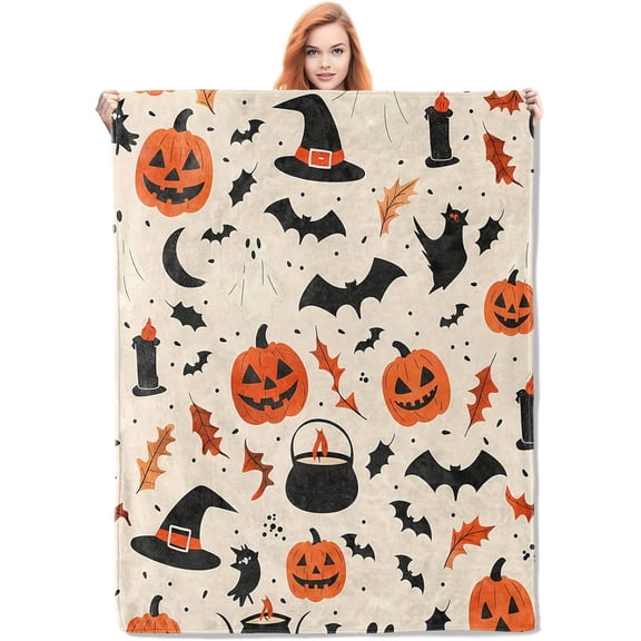 Classic Halloween Festivities Fleece Blanket, Spooky Pumpkins and Bats Pattern, Soft Halloween Throw Gifts 40x50 inches, Halloween Decor - Orange and Beige