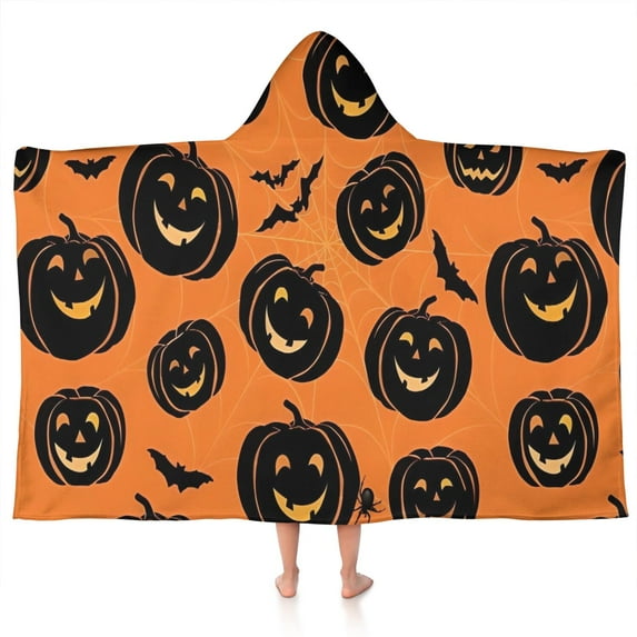 Classic Halloween Pumpkin Pattern Hooded Bath Towel,50"x30" for Ages 3 To 12 Kids, Quick Dry Lightweight Soft Microfiber Hood Beach Towel Cover Up for Kids