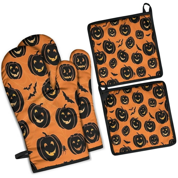 Classic Halloween Pumpkin Pattern Kitchen Oven Mitt and Pot Holder Sets 4 Pcs for Baking, Cooking and Grilling, Heat Resistant Up To 392 °F
