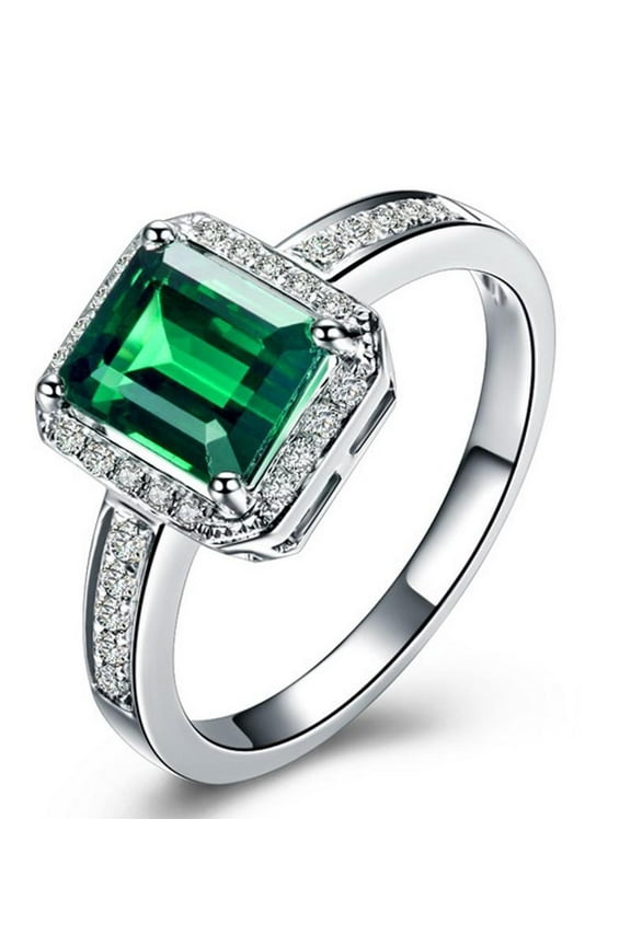 Classic Halo Art Deco 1.75 Carat Green Emerald 7x5mm Emerald Cut Moissanite Diamond Engagement Ring in 10k White Gold