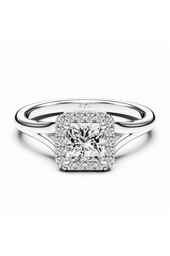 Classic Halo Princess Cut Lab Grown Diamond Engagement Ring for Women in 925 Sterling Silver