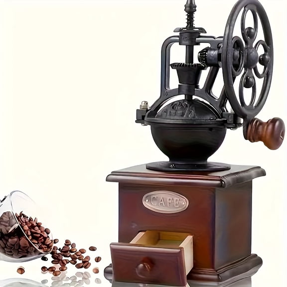 Classic Hand Crank Manual Coffee Grinder with Adjustable Burrs, Large Grinding Wheel for Coffee Beans and Nuts; Vintage Portable Design for Kitchen and Espresso Use