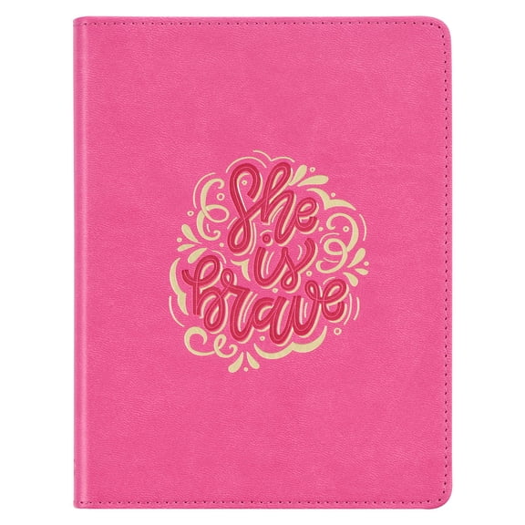 Classic Handy-sized Journal She Is Brave Inspirational Notebook w/Ribbon, Faux Leather Flexcover 240 Ruled Pages, 5.7" x 7", Pink
