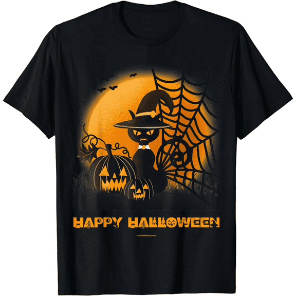 Classic Happy Halloween Women's T-Shirt - Black Cat and Pumpkin Graphic Tees