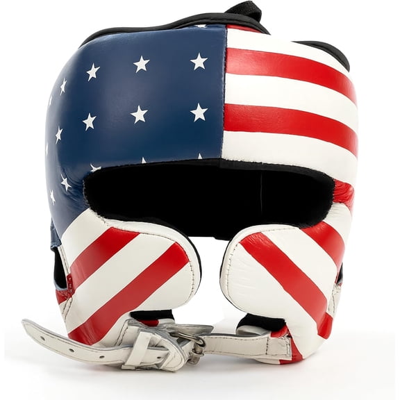 Classic Headgear for Boxing & MMA, Full-Face Training Head Guard with Cheek Protection, Adjustable Fit, Durable Leather & Multi-Layer Padding for Sparring and Muay Thai, USA Flag, X-Large