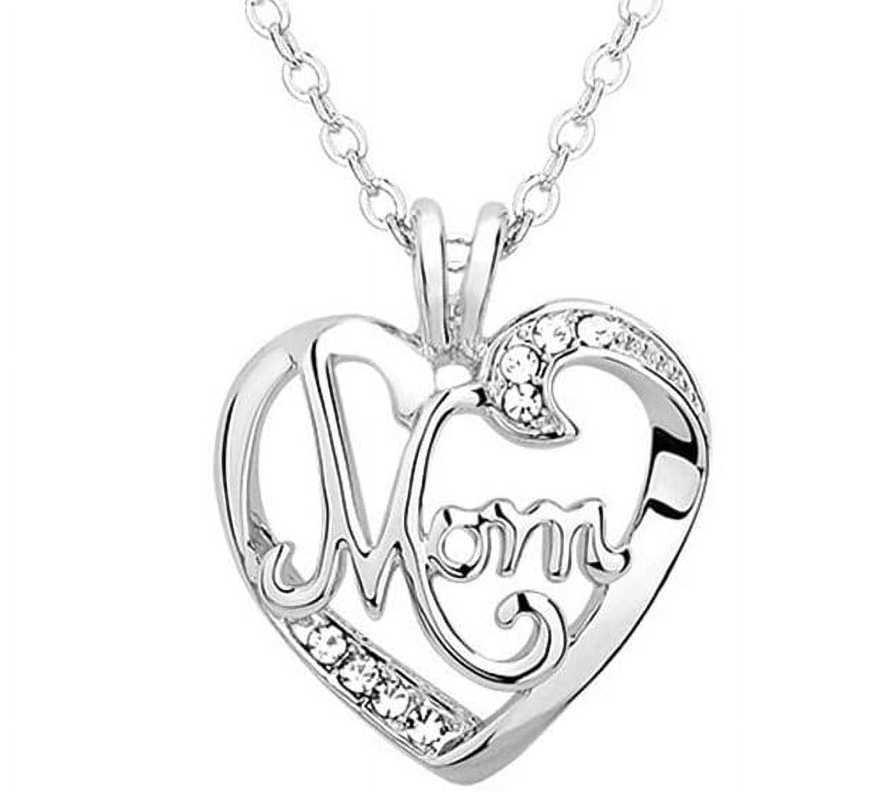 Classic Heart Shaped "Mom" Silver Necklace with Clear Rhinestone Inlay