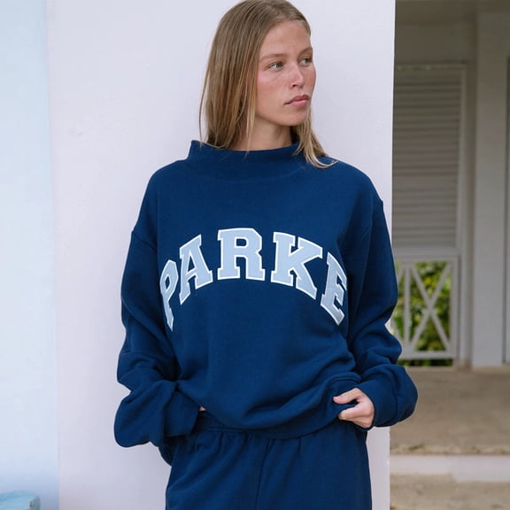 Classic High Collar Athletic Sweatshirt, Oversized Loose Fit Long Sleeve Pullover Tops with PARKE Letter Patch Embroidery