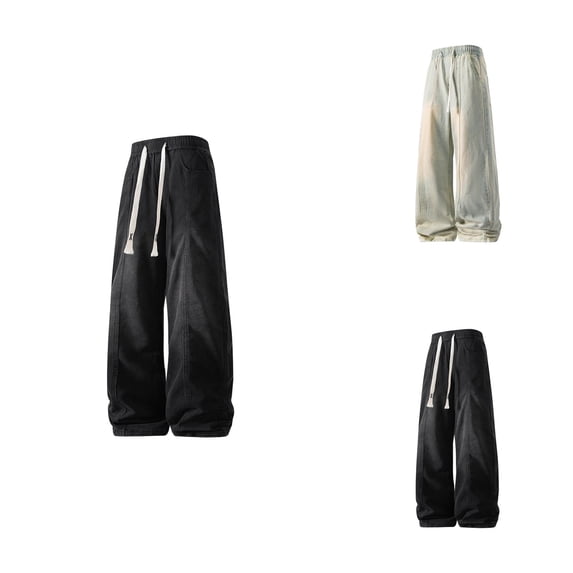 Vintage Khaki Denim Wide Leg Pants For Men With Graffiti Pockets And Rope Belt Details