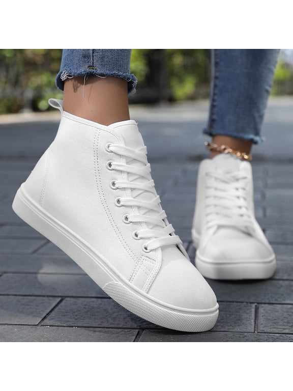Classic High Top Canvas Shoes for Women Lace Up Solid Color Breathable Casual Walking Shoes