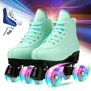 YEYGRIEM Classic High Top Lace Up Roller Skates with Light Up Wheel & Skates Bag for Girl Women, Green, Women's 7
