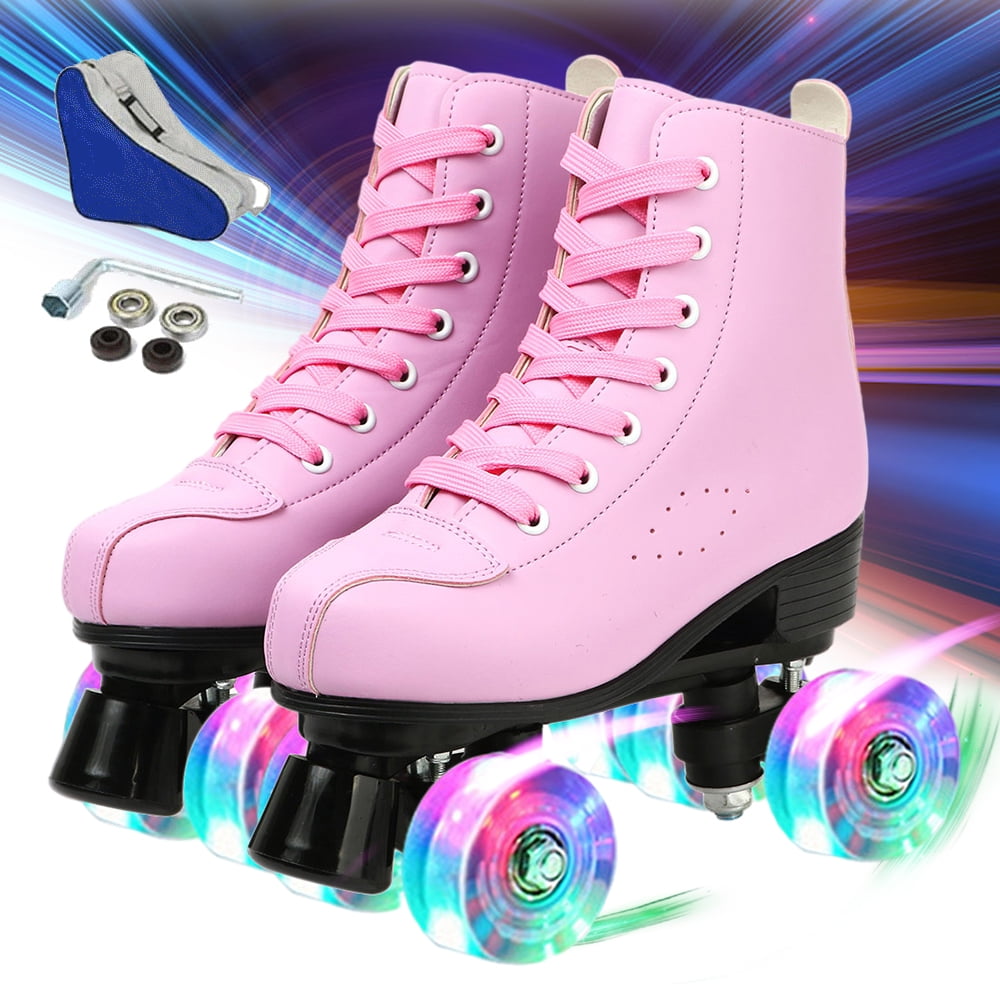 Classic High Top Lace Up Roller Skates with Light Up Wheel & Skates Bag