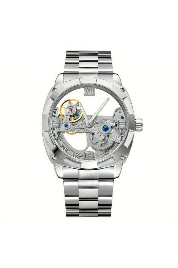 Classic Hollow Skeleton Mens Automatic Mechanical Watch - Transparent Dial Carving Movement Design, Luminous Pointers, Stainless Steel Band, Casual Style