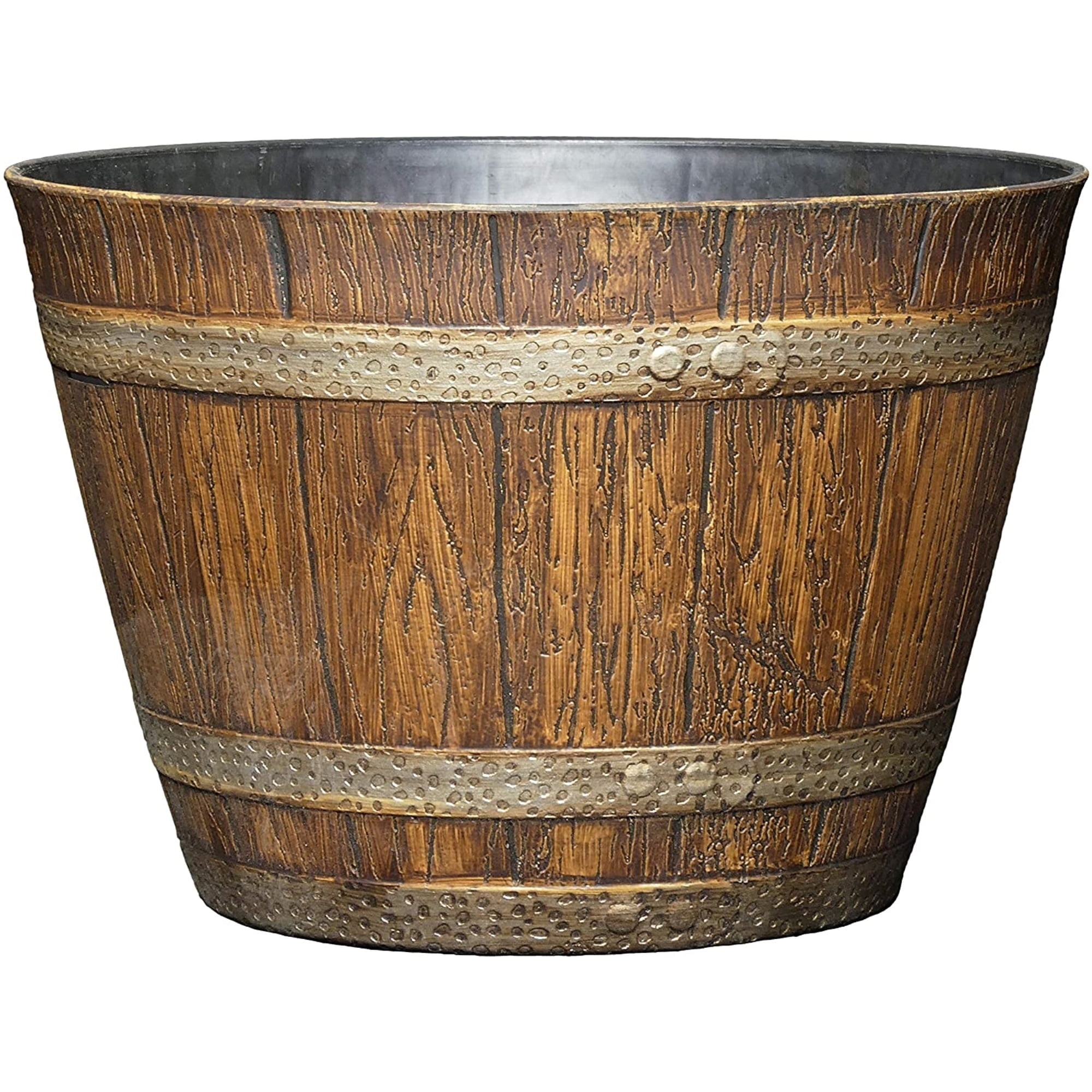 Classic Home and Garden Outdoor Round Whiskey Resin Flower Pot Barrel Planter, Distressed Oak Brown, 9"