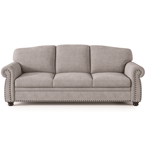 90" Nailhead Sofa, Rolled Arm Couch with Solid Legs, Chenille Fabric, Beige
