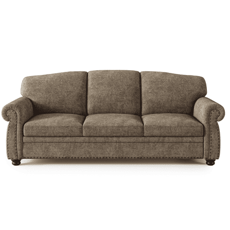 90" Nailhead Sofa, Rolled Arm Couch with Solid Legs, Chenille Fabric, Brown