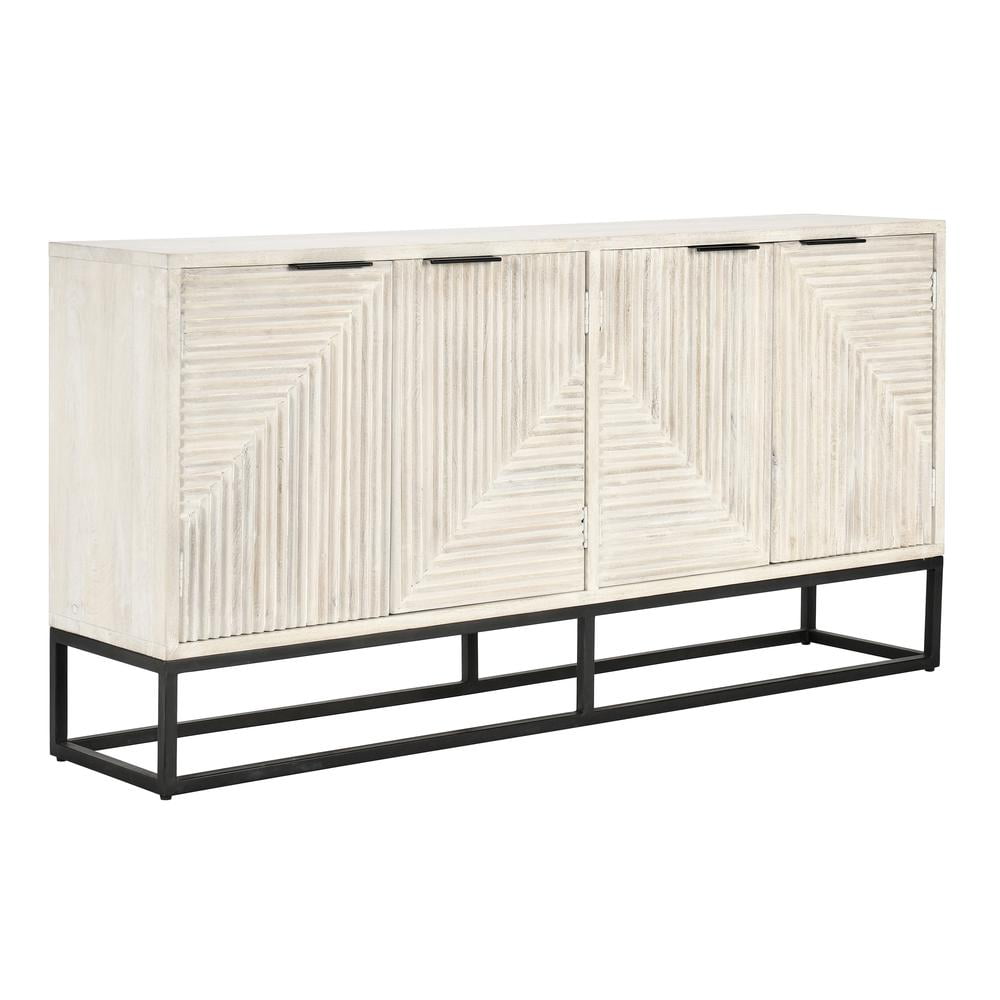 White Wash Mango Wood Sideboard with Geometric Carved Doors