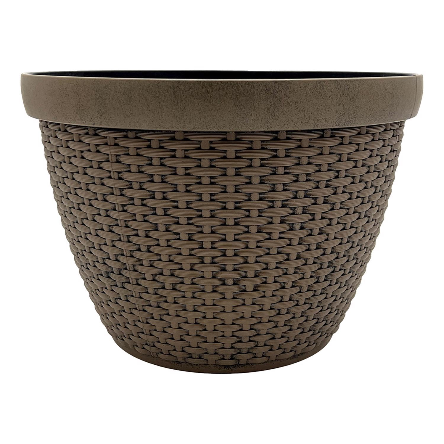 Jake Round Brown Teak Plastic Indoor/Outdoor Planter