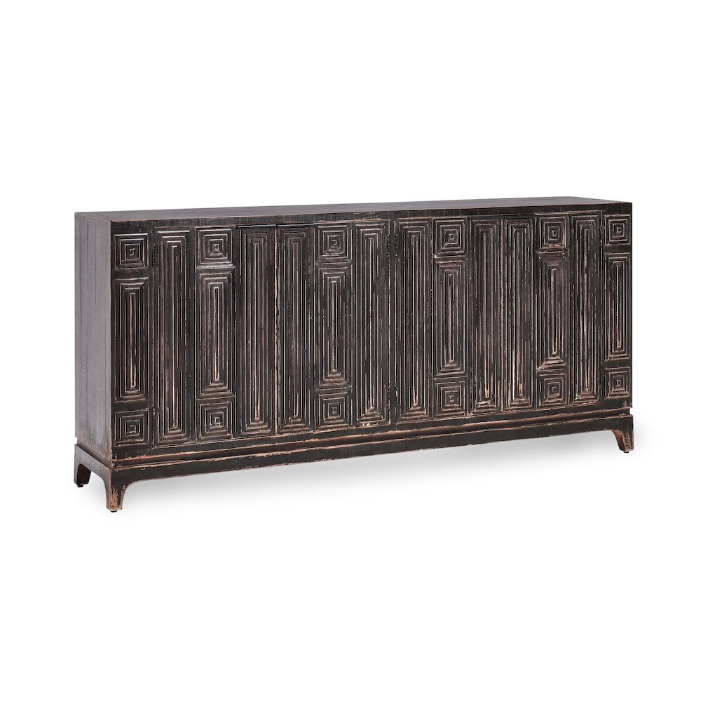 Iza Black Reclaimed Pine Wood Sideboard Buffet with Carved Doors